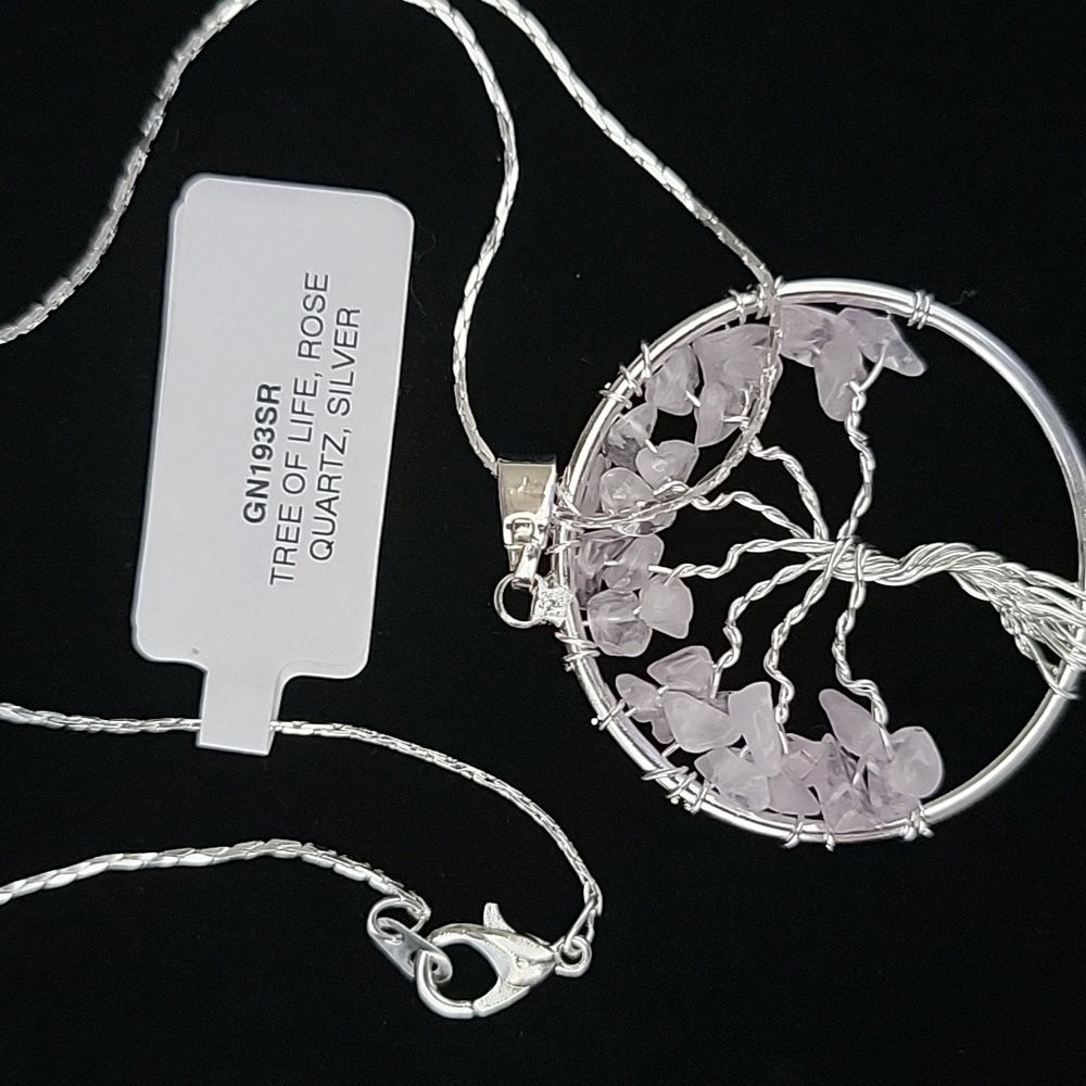 Tree Of Life Pendant Necklace Rose Quartz Silver Tone